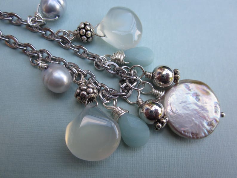 sterling wirework and stainless steel chain amazonite Mermaid cluster necklace with pearls chalcedony