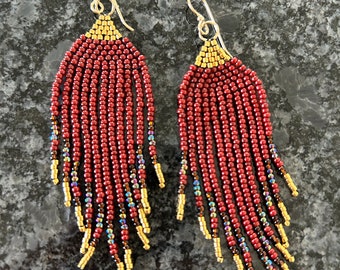 Seed bead fringe earrings in deep brick red, soft gold and garnet red with gold filled ear wires