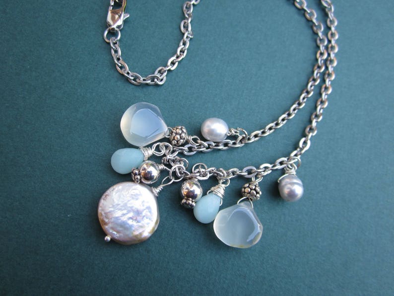 sterling wirework and stainless steel chain amazonite Mermaid cluster necklace with pearls chalcedony