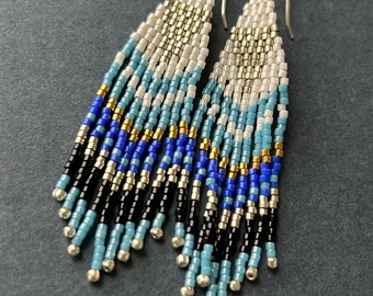 Miyuki seed bead feather fringe earrings in turquoise, dark blue, black silver, white and gold on sterling French ear wires