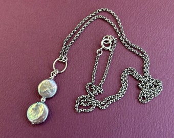 double silver coin drop pendant necklace - stainless steel and and sterling silver findings