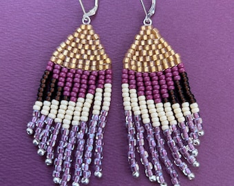rosy pink purple gold Japanese seed beaded fringe earrings