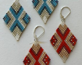bold geometric diamond shaped Miyuki delica retro style brick stitch earrings in blue-silver or orange-rose-gold