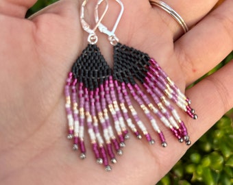 Myuki delica seed bead fringe earrings in pink, black, claret red, soft gold and white