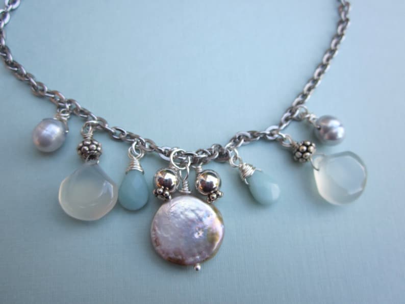 sterling wirework and stainless steel chain amazonite Mermaid cluster necklace with pearls chalcedony