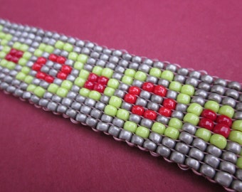 rose garden hand-loomed square stitch bracelet - red, spring green, platinum seed beads