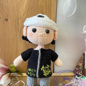 7.8&quot; Crochet Law Doll - Handmade Amigurumi One Piece Character in White Hat and Black Outfit, Anime Collectible Plush Toy