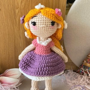 7.8&quot; Rapunzel Crochet Doll – Handmade Amigurumi with Long Blonde Hair and Purple Dress, Perfect Gift for Disney Princess Lovers and Kids