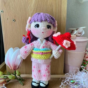 7.8&quot; Crochet Kimono Doll – Handmade Amigurumi Girl In Pink Sakura Kimono With Umbrella, Japanese Style Collectible Plush Toy,