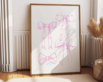 Pink Bow Wall Art, Coquette Print, Dorm Room Decor, Digital Prints, Coquette Pink Bow, Trendy Wall Art, Pink Bow Print, Pink Wall Art, Bows