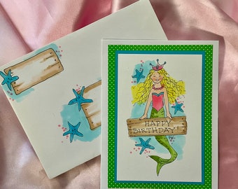 Mermaid Birthday Art Cards with Matching Design Envelopes