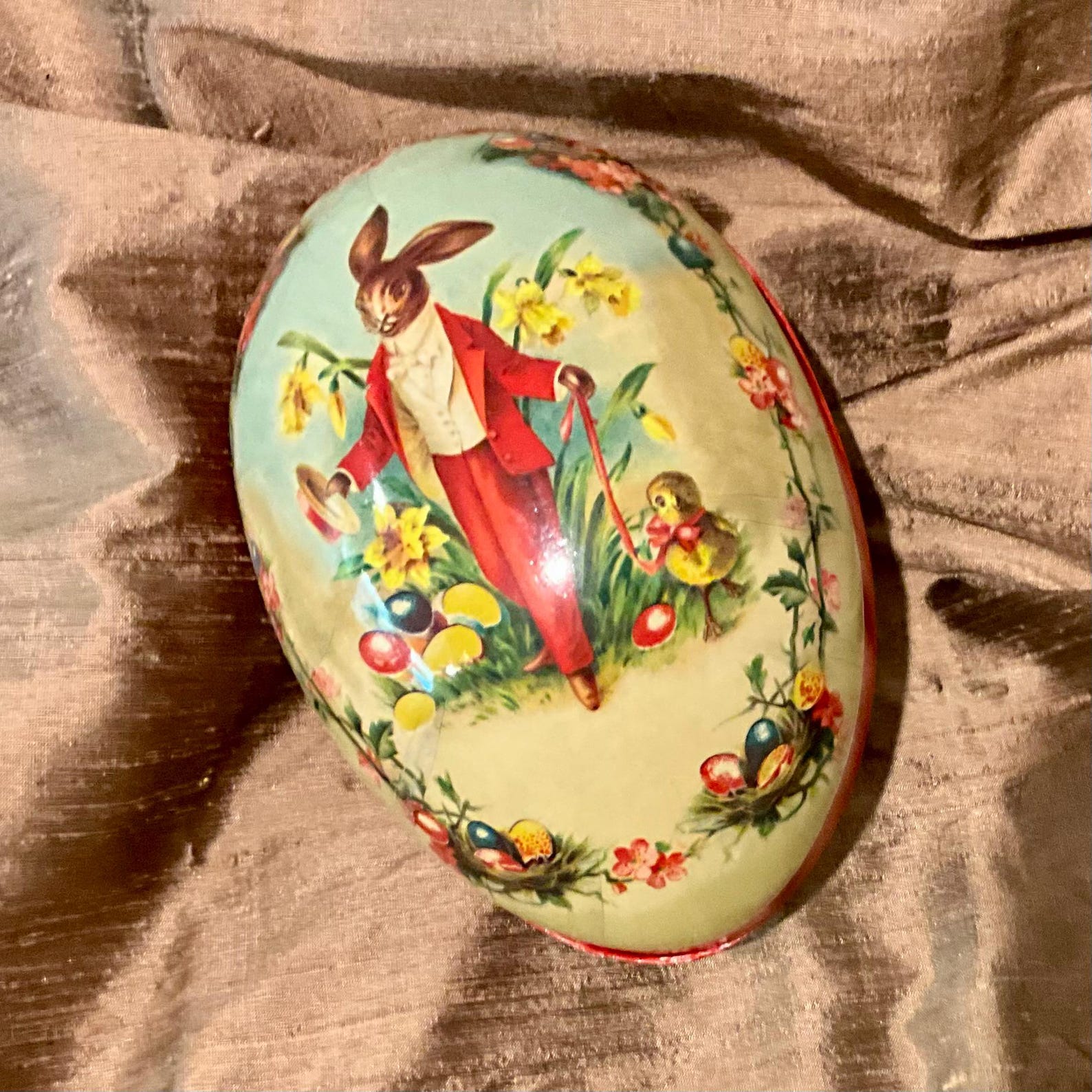 6” Vintage Paper Mache German Easter Egg Candy Container Bunny in Red Suit