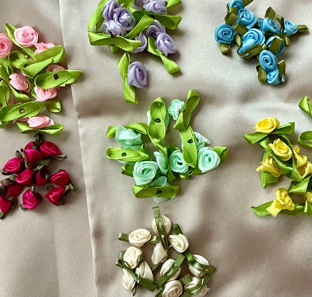 70 Mini Satin Roses 10 Each of Pink, Yellow, Green, Blue, Purple, Cream ...