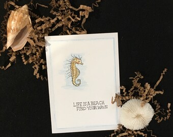 Life Is A Beach Quote Note Card with Seahorse