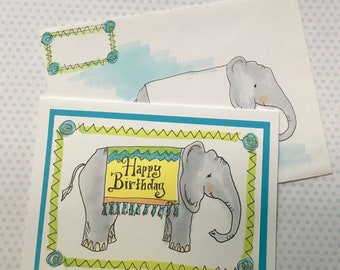 Mail Art Elephant Birthday Card w Matching Envelope