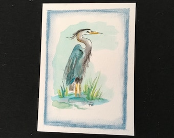 Blue Heron Greeting Card, original mixed media drawing