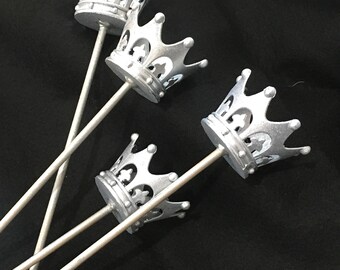 Set of 4 Silver Glittered Crown Wands Ready to Embellish