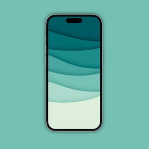 May include: A smartphone with a black frame and a screen displaying a teal and white abstract design with wavy lines.