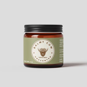 May include: A glass jar of unscented tallow balm with a black lid and a green label. The label features the text "Balmy Cow" and "Unscented Tallow Balm." The jar contains 113 grams of product.