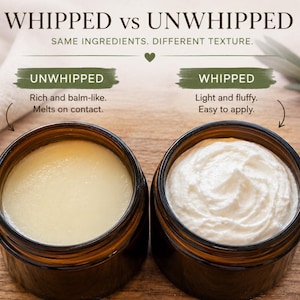 May include: Two amber glass jars containing skincare product. The left jar labeled UNWHIPPED shows a smooth, dense, pale yellow balm. The right jar labeled WHIPPED shows a white, airy, textured cream. Text reads WHIPPED vs UNWHIPPED, SAME INGREDIENTS. DIFFERENT TEXTURE.