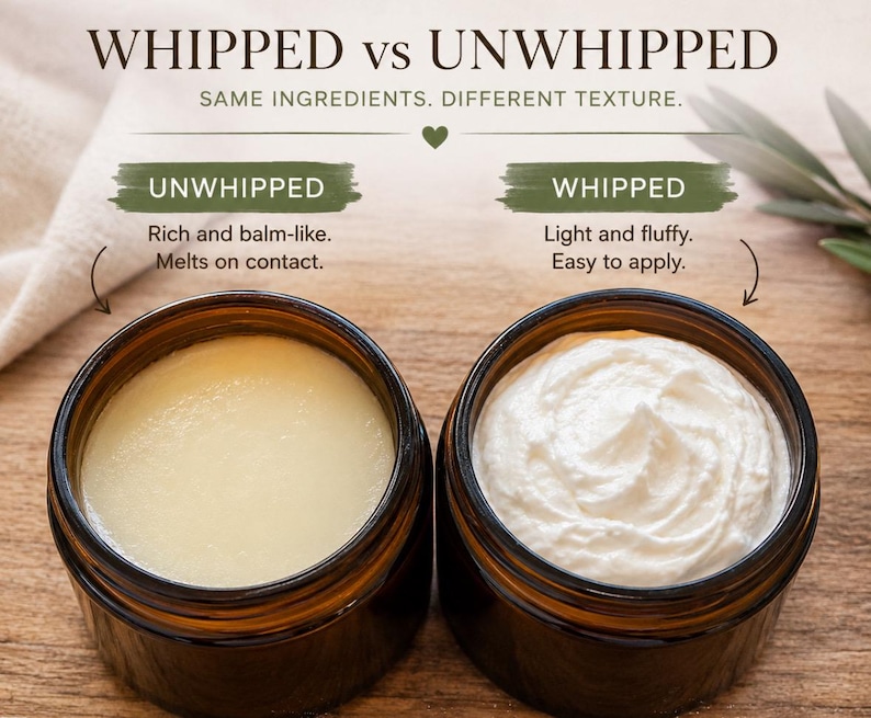 May include: Two amber glass jars containing skincare product. The left jar labeled UNWHIPPED shows a smooth, dense, pale yellow balm. The right jar labeled WHIPPED shows a white, airy, textured cream. Text reads WHIPPED vs UNWHIPPED, SAME INGREDIENTS. DIFFERENT TEXTURE.