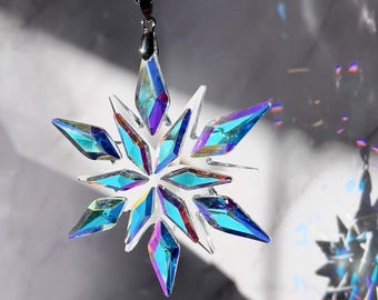 Flocon de neige en cristal bohème, transparent avec pendentif SunCatcher à prisme AB, décoration de fenêtre de voiture de sapin de Noël