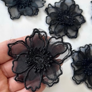 3D Black Flower Patch: Handmade Sew-On Applique (5pcs, 3in)