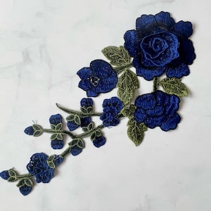 3D Blue Embroidery Flower Patch: Sew-On Applique (11x5 in)