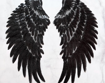 Black Angel Wings 1pairs, Large Sequins Applique, DIY Supplies Crafts, Iron on Sticker Badge