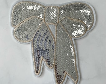 Silver Sequin Bow Patch - Iron On Applique (5 in)