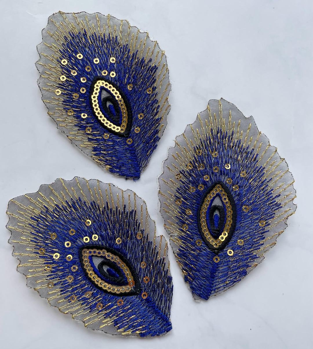 Dark Blue Sequined Peacock Feather Patch Embroidered Applique 5pcs dark-blue-sequined-peacock-feather-patch-embroidered-applique-5pcs
