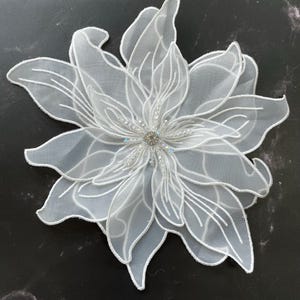 3D White Beaded Flower Applique: Handmade Sew-On Patch (10 in)