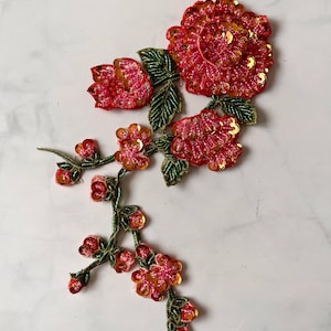 3D Beaded Flower Applique: Red Sequin Patch, DIY Craft Accessory (12 in)