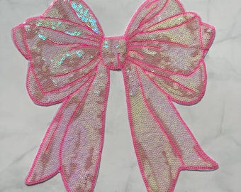 Pink Sequin Bow Patch 1pc,  Large Iron-On Applique, DIY Supplies Craft