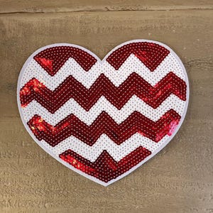 Red & Silver Sequin Heart Patch: Sew-On Applique (8x7 in)