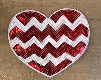 Red & Silver Sequin Heart Patch 1pc, Iron On Applique, DIY Supplies Craft