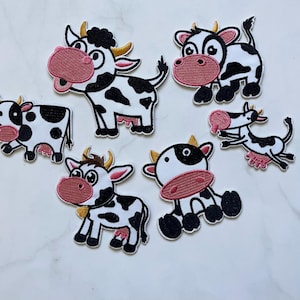 Embroidery Cow Patch 6 pcs, Cartoon Animal Patch for Applique, DIY Clothier Accessory or Craft,Self-adhesive Patch, DIY Jeans Shoes Bag