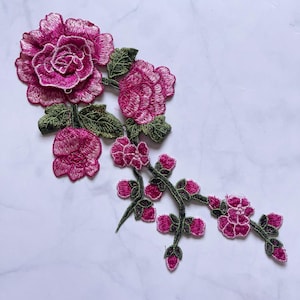 Parche de flor bordada rosa 3D: aplique para coser (11 x 5 pulgadas)