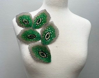 Green Sequined Peacock Feather Patch 5pcs, Iron-On Applique, DIY Supplies Craft