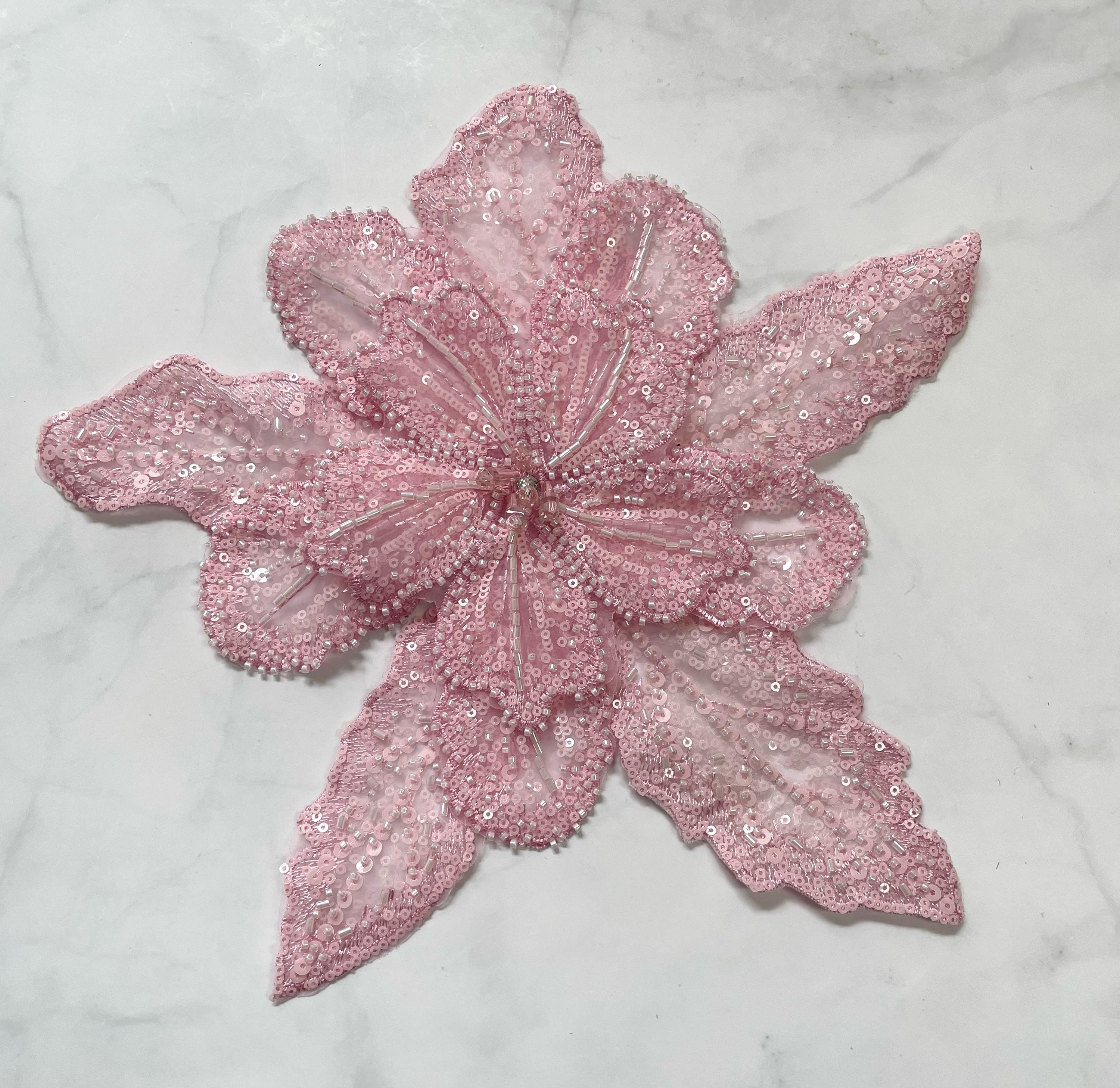 3D Sequined Flower Applique: Light Pink Beaded Patch (12 in)