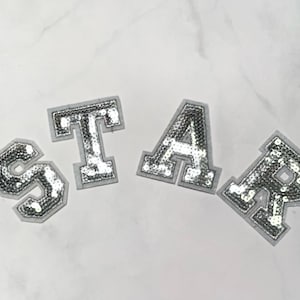 Parches de letras con lentejuelas para ropa, 1 pieza, parche de letras para apliques, accesorios o manualidades de bricolaje, parche de letras plateado, parche para planchar, bolsa de bricolaje