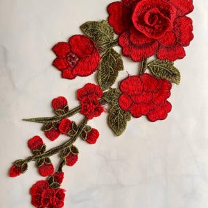 3D Red Flower Embroidery Patch: Sew-On Applique (11x5 in)