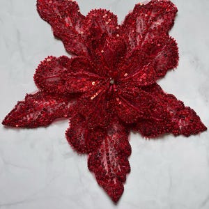 3D Sequined Flower Patch: Dark Red Beaded Applique (12 in)