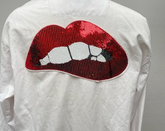 Patch de lábios com lantejoulas vermelhas 1 peça, aplique de ferro, suprimentos para artesanato faça você mesmo