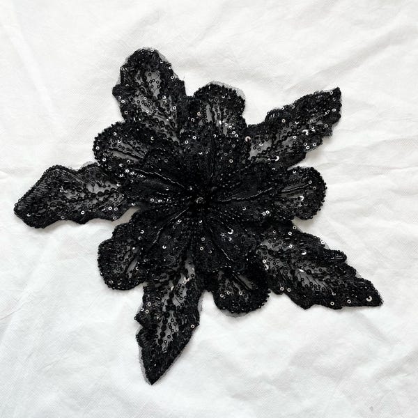 Black Sequined Flower Applique, 3D Beaded Patch 12", Brooch, DIY Craft Supplies