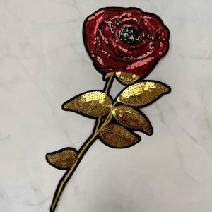 Sequined Rose Patch: Red & Gold Glitter Flower Applique (13x5 in)