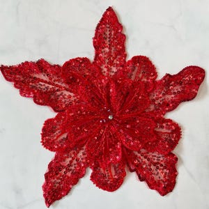 Red Sequined Flower Applique: 3D Beaded Patch, DIY Craft (12 in)