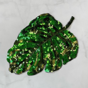 Folhas de samambaia com lantejoulas, 1 peça, remendo para costura, acessório de cabelo ou artesanato faça você mesmo, flor de lantejoulas brilhantes, aplique grande de folhas verdes