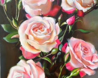 Romantic Rose Oil Painting on Canvas – Soft Pink Floral Wall Art – Realistic Botanical Artwork – Original by Hoorasa – 70x100 cm
