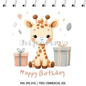 Clipart HBD bébé girafe, faune joyeux anniversaire PNG Jpg SVG, impressions d'animaux mignons pour Invitation anniversaires d'enfants, décoration de chambre adorable